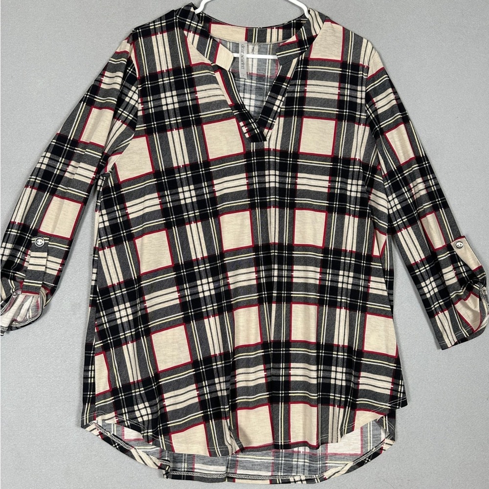 Dear Scarlett Top Womens Large Tunic Cream Black Red Plaid Roll Tab Sleeve EUC